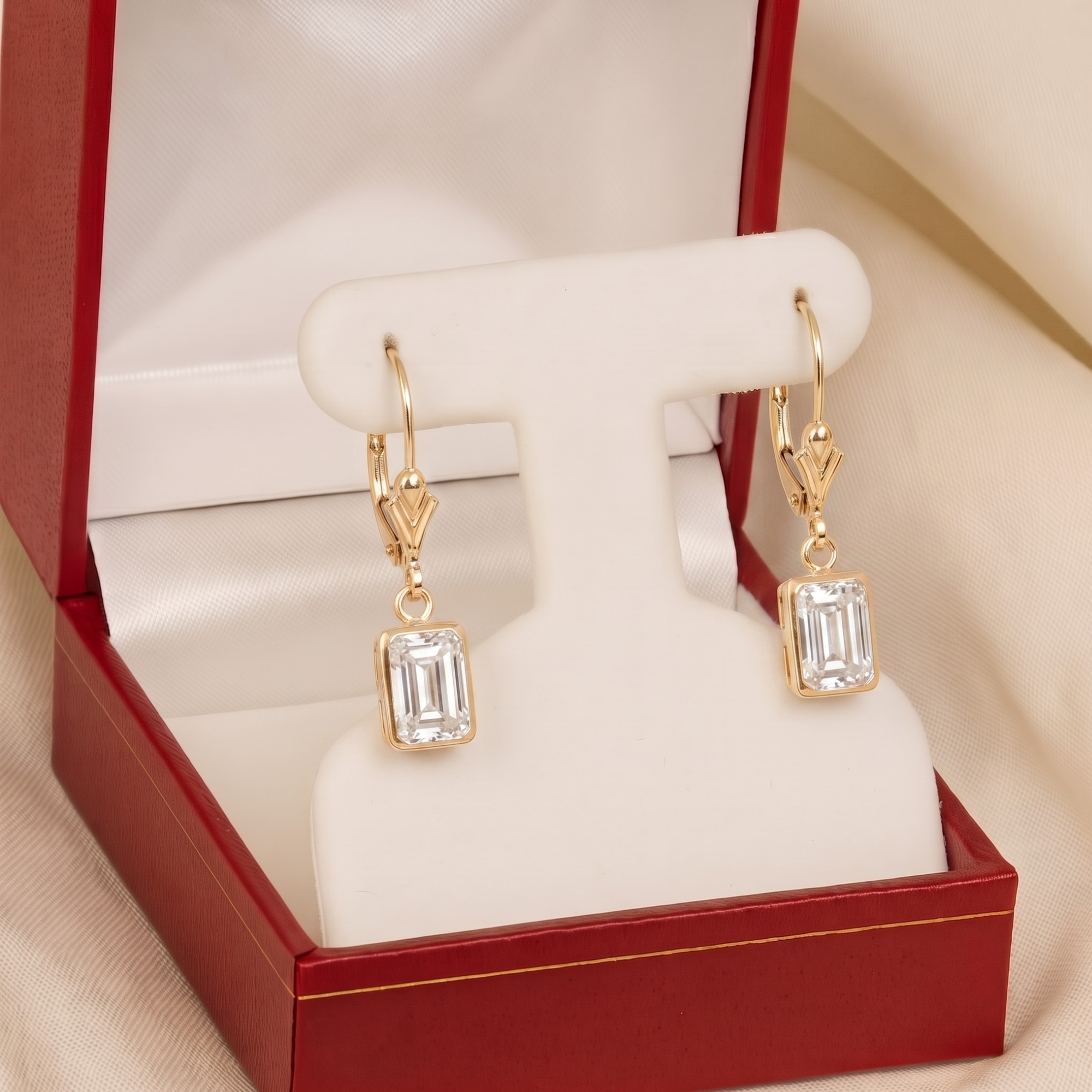 14K Gold Natural White Topaz Emerald-Cut Gemstone Drop Earrings