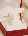 14K Gold Natural White Topaz Emerald-Cut Gemstone Drop Earrings