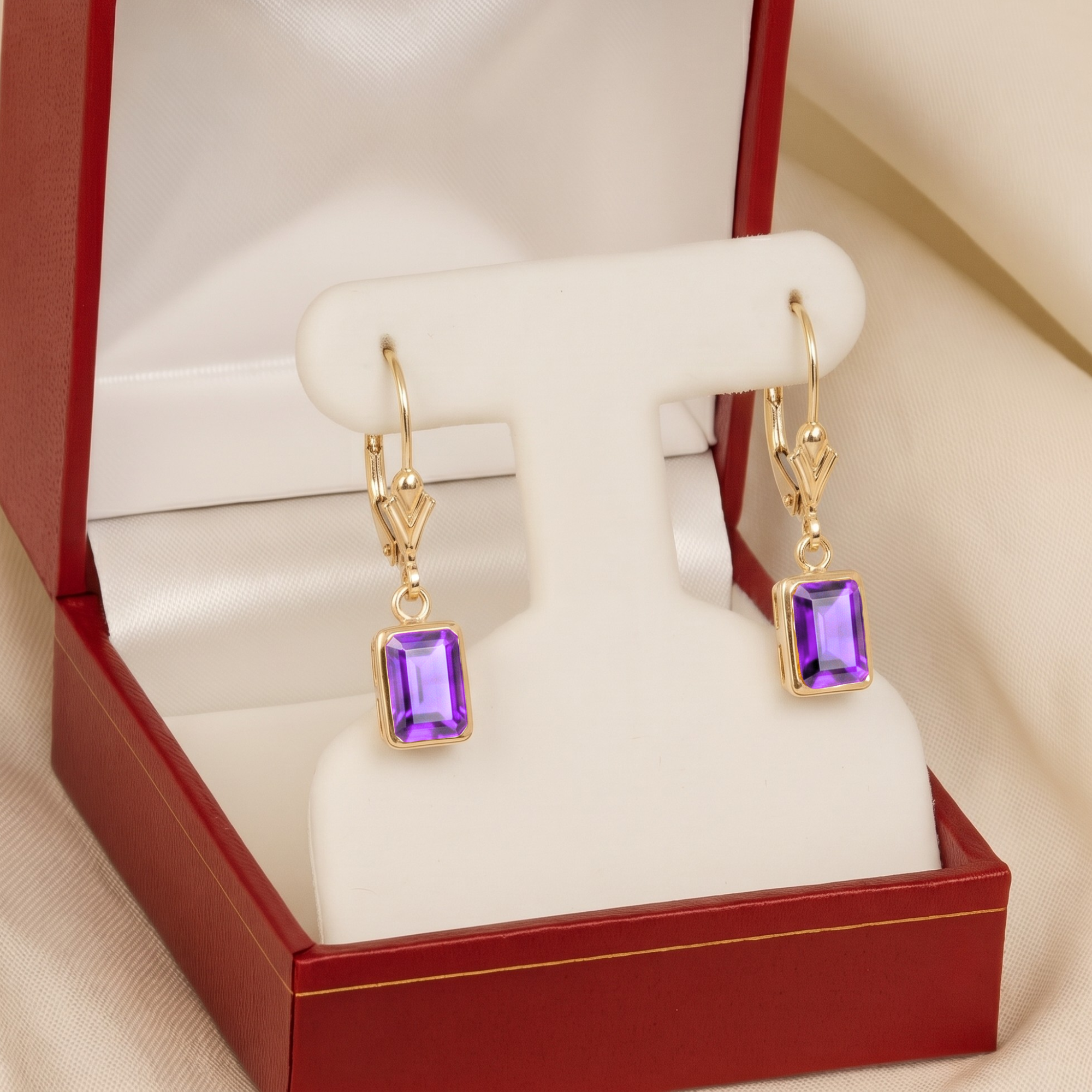 14K Gold Natural Purple Amethyst Emerald-Cut Gemstone Drop Earrings