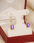 14K Gold Natural Purple Amethyst Emerald-Cut Gemstone Drop Earrings