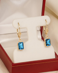 14K Gold Natural London Blue Topaz Emerald-Cut Gemstone Drop Earrings