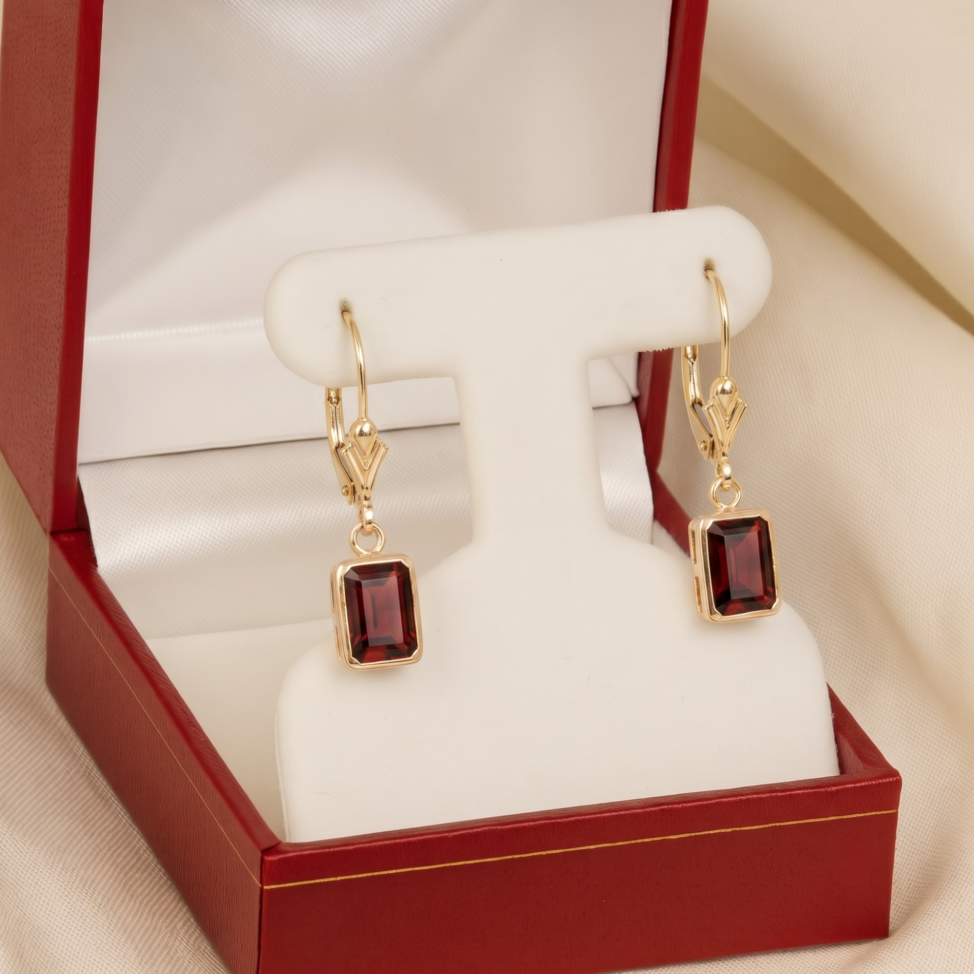 14K Gold Natural Red Garnet Emerald-Cut Gemstone Drop Earrings