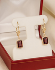 14K Gold Natural Red Garnet Emerald-Cut Gemstone Drop Earrings