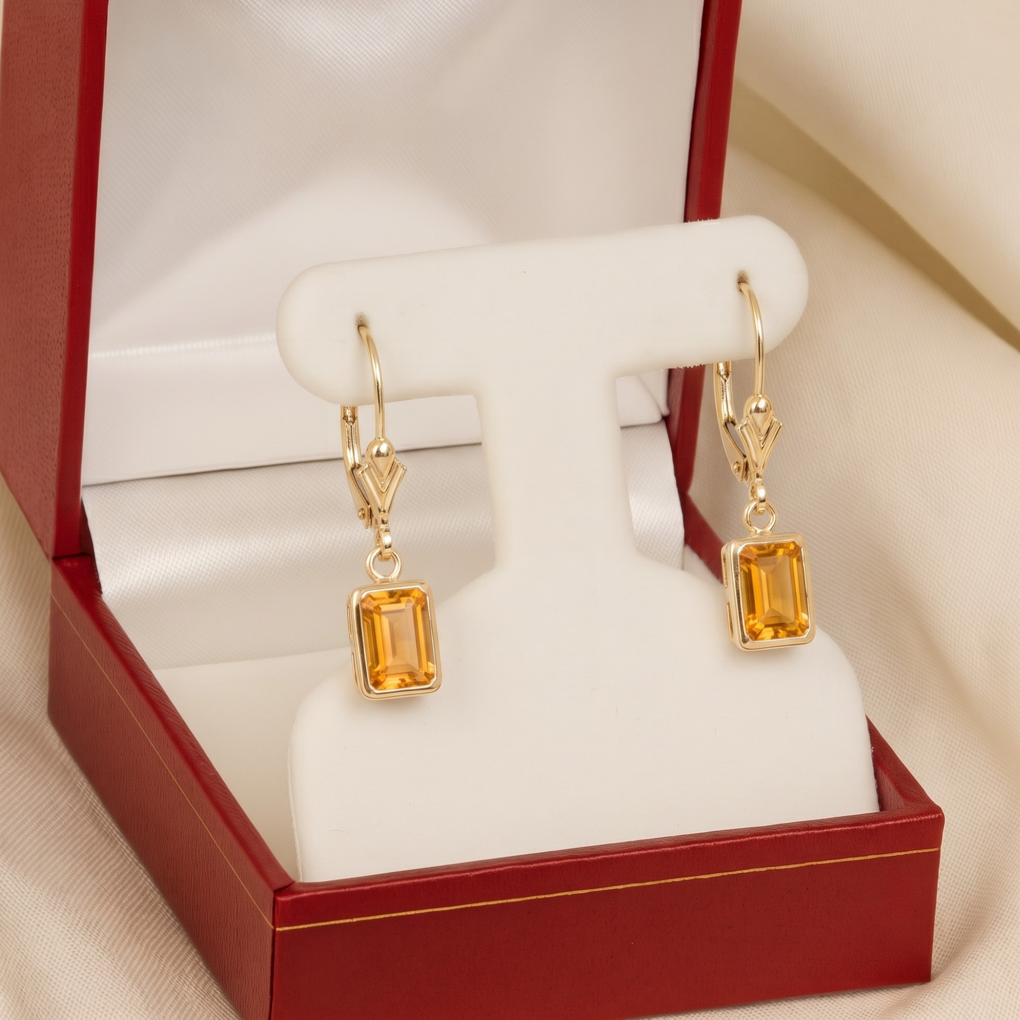 14K Gold Natural Citrine Emerald-Cut Gemstone Drop Earrings