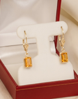 14K Gold Natural Citrine Emerald-Cut Gemstone Drop Earrings