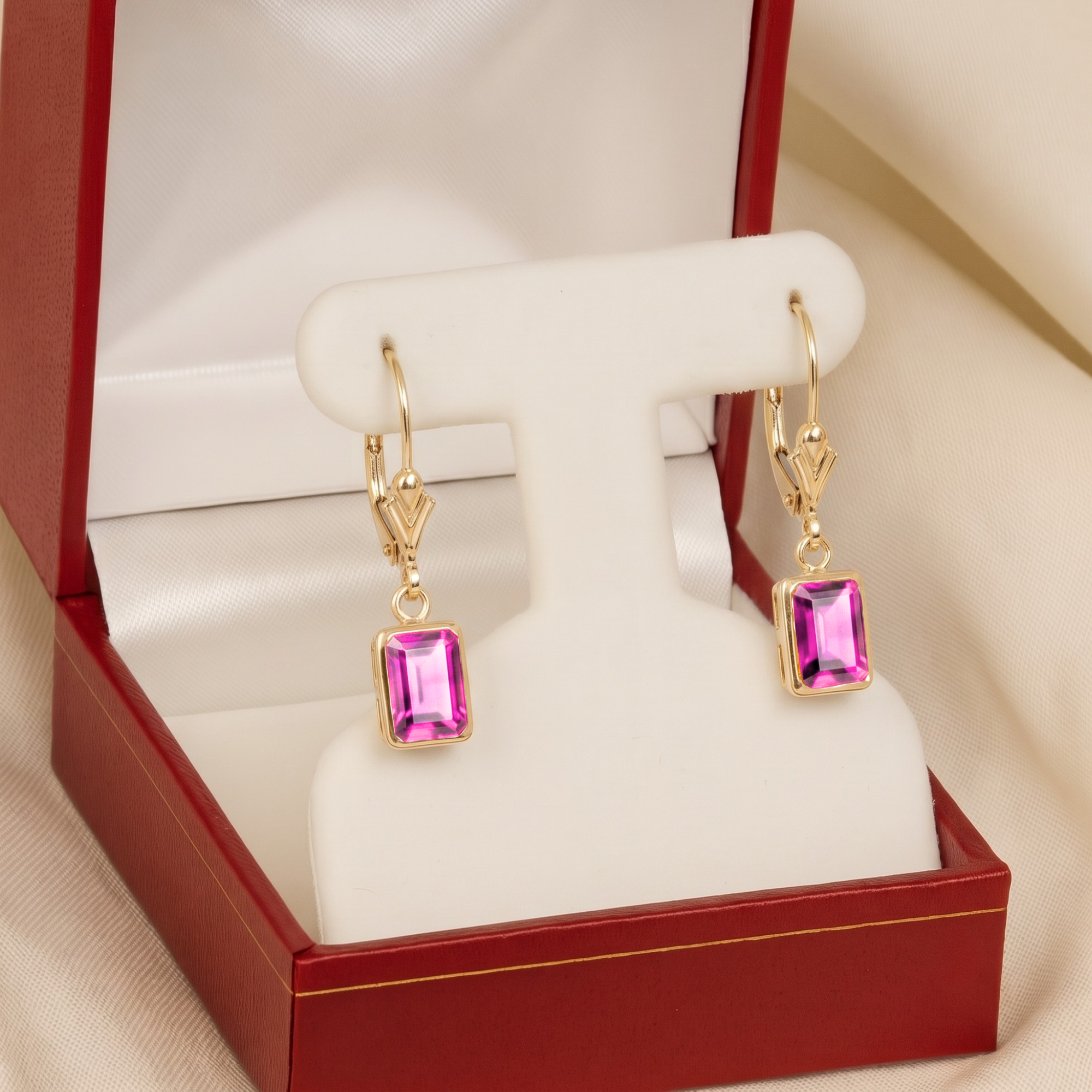 14K Gold Pink Sapphire Emerald-Cut Gemstone Drop Earrings