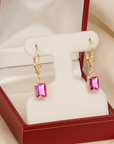 14K Gold Pink Sapphire Emerald-Cut Gemstone Drop Earrings