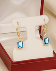 14K Gold Natural Sky Blue Topaz Emerald-Cut Gemstone Drop Earrings