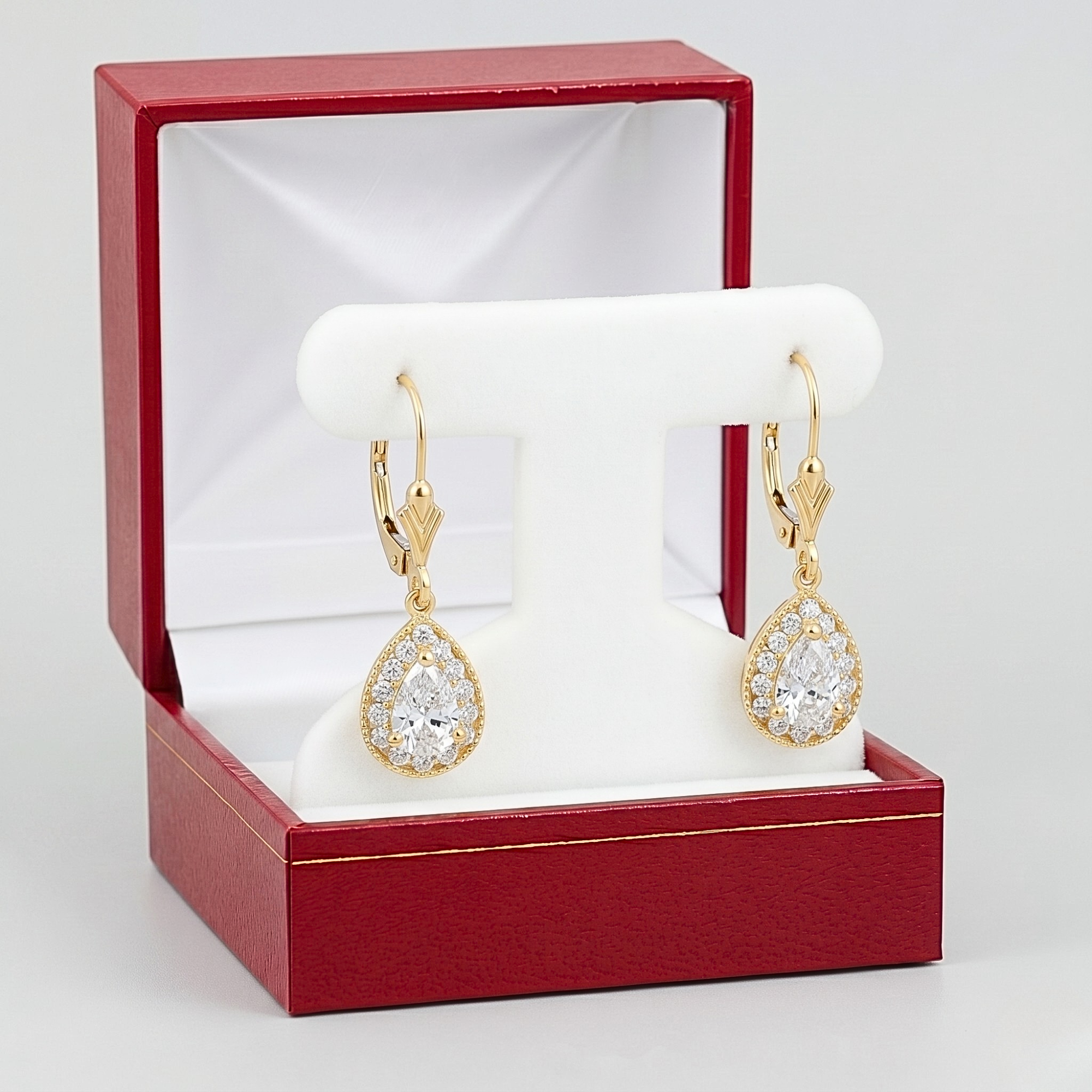 14K Gold Teardrop Earrings, Halo Drop Dangle Earrings With Secure Lever-backs