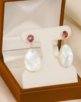 14K Gold Natural Red Garnet, With Mother Of Pearl Drop Earrings