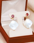 14K Gold Natural Red Garnet, With Mother Of Pearl Drop Earrings