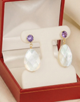 14K Gold Natural Purple Amethyst, With Mother Of Pearl Drop Earrings