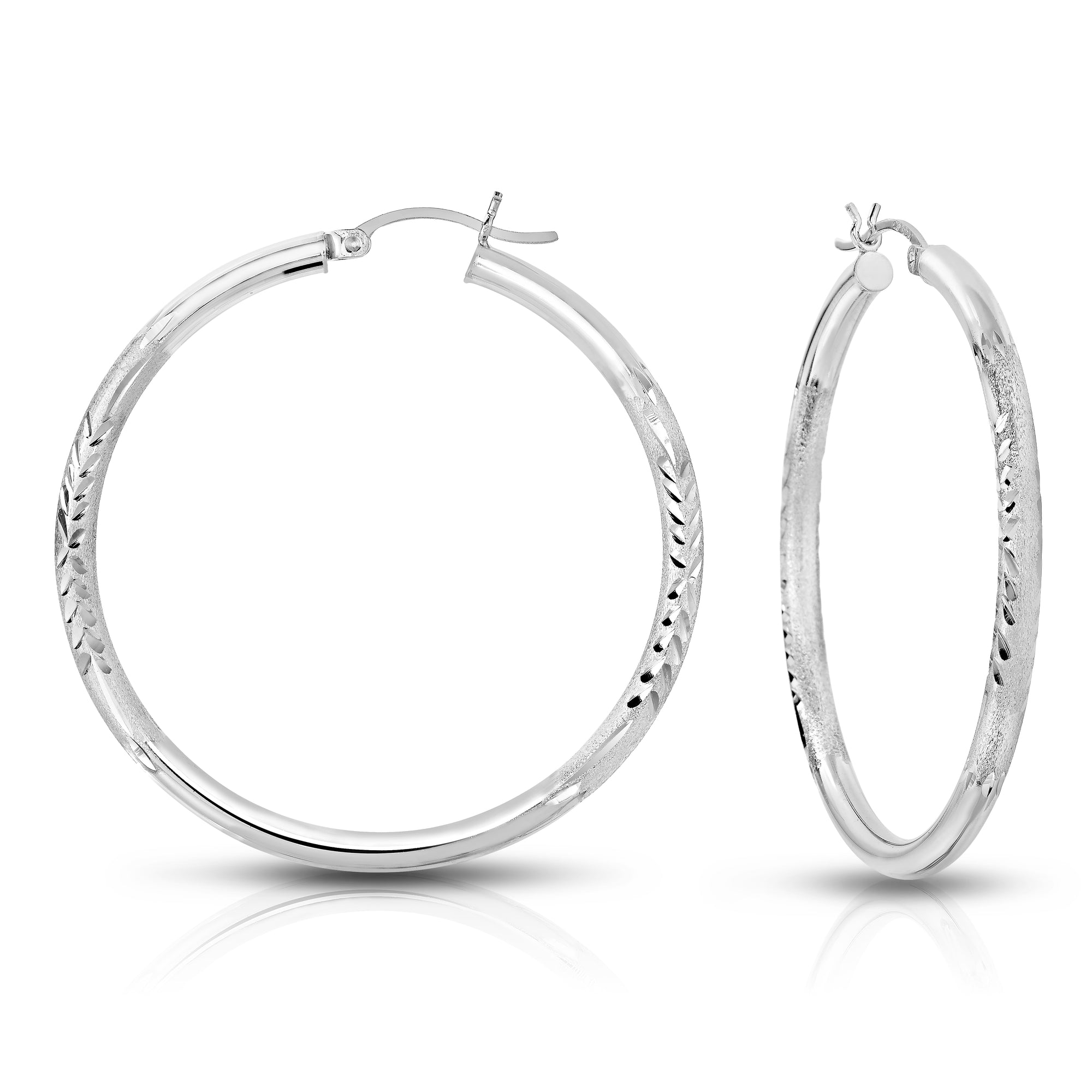Sterling Silver Round Hoop Earrings, Floral Diamond-Cut Design