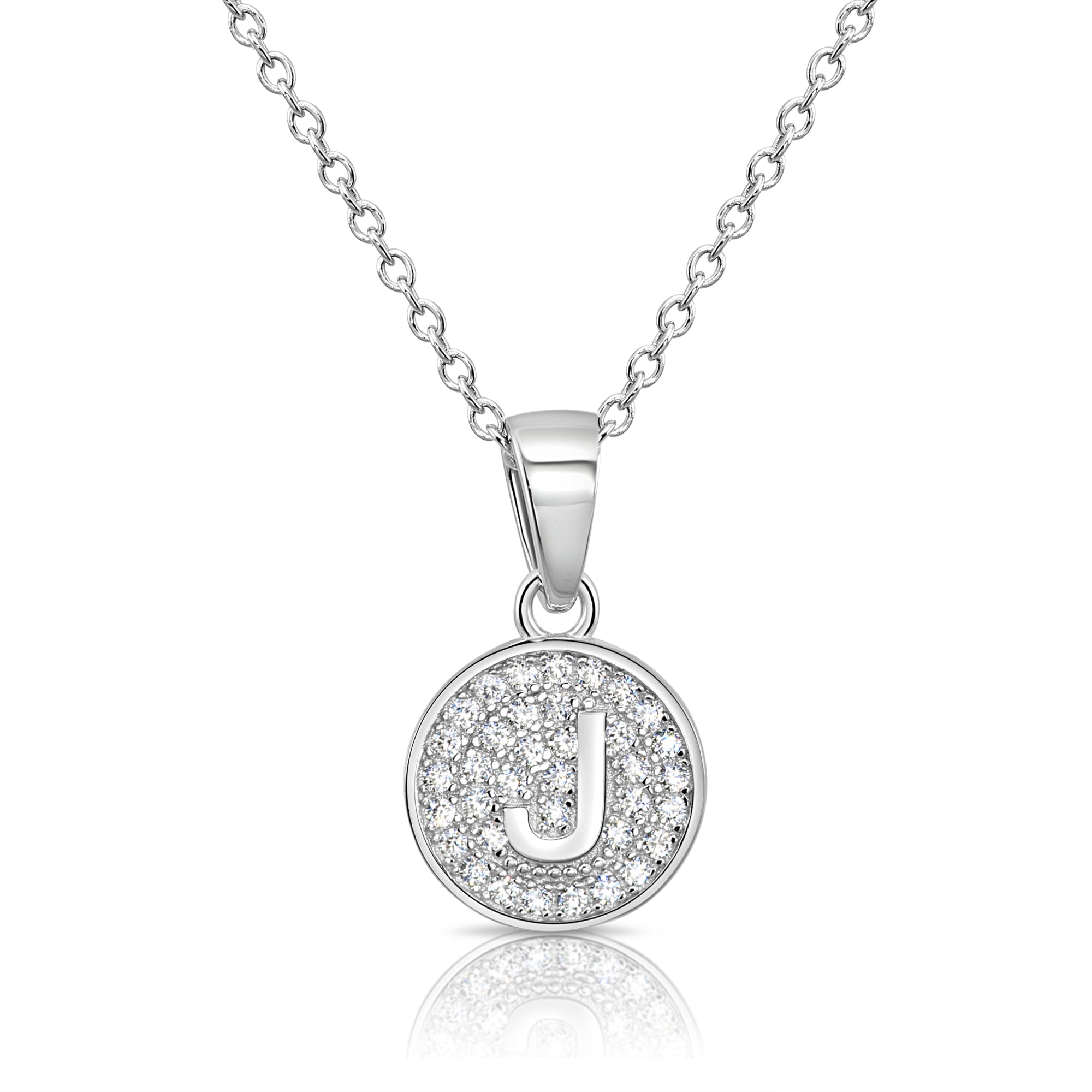 CZ Initial Round Charm Necklace (Letters A-Z) 16&quot; 18&quot; in Sterling Silver