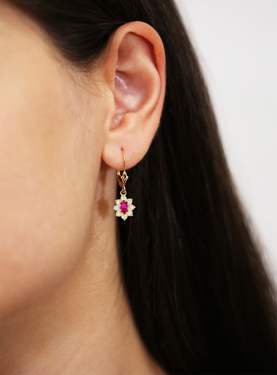 14k Yellow Gold Zirconia Birthstone Flower Earrings, Classy and Elegant Earrings, Available in 12 Colors