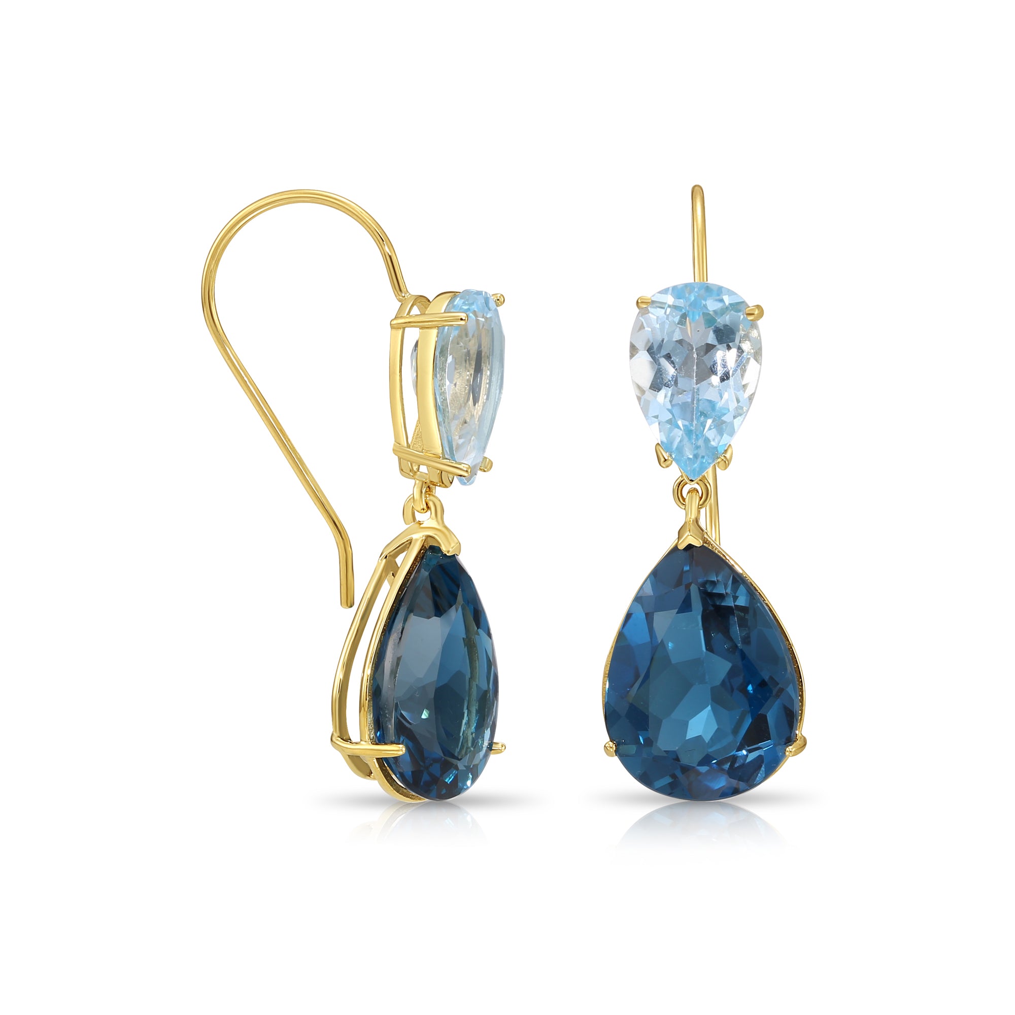 14K Yellow Gold Pear-Cut London &amp; Sky Blue Topaz Teardrop Wire Earrings, 26ctw, Natural Gemstone Earrings