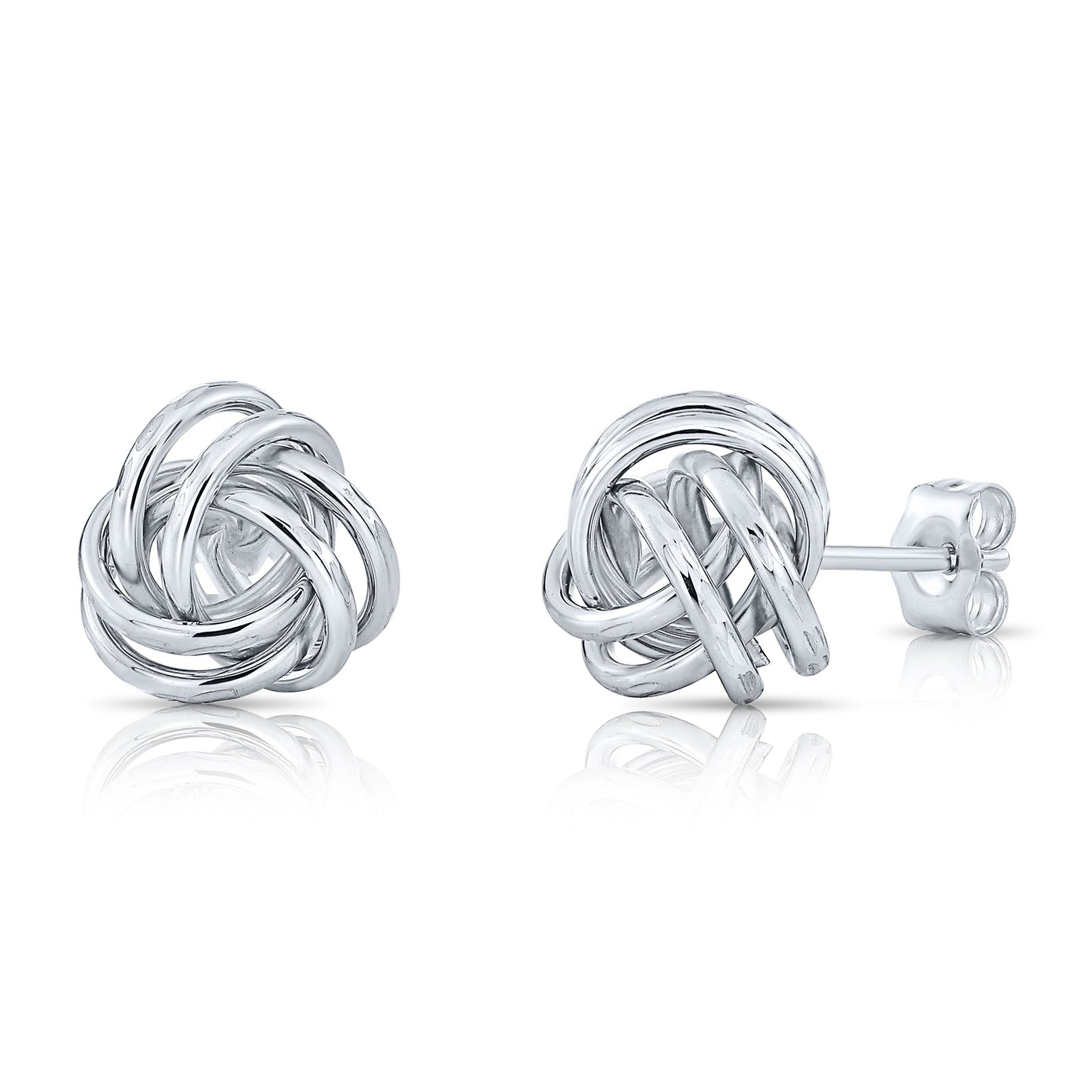 14k Gold Love Knot Stud Earrings with Hand Engraved Diamond Cuts, 9mm, Pushback Studs