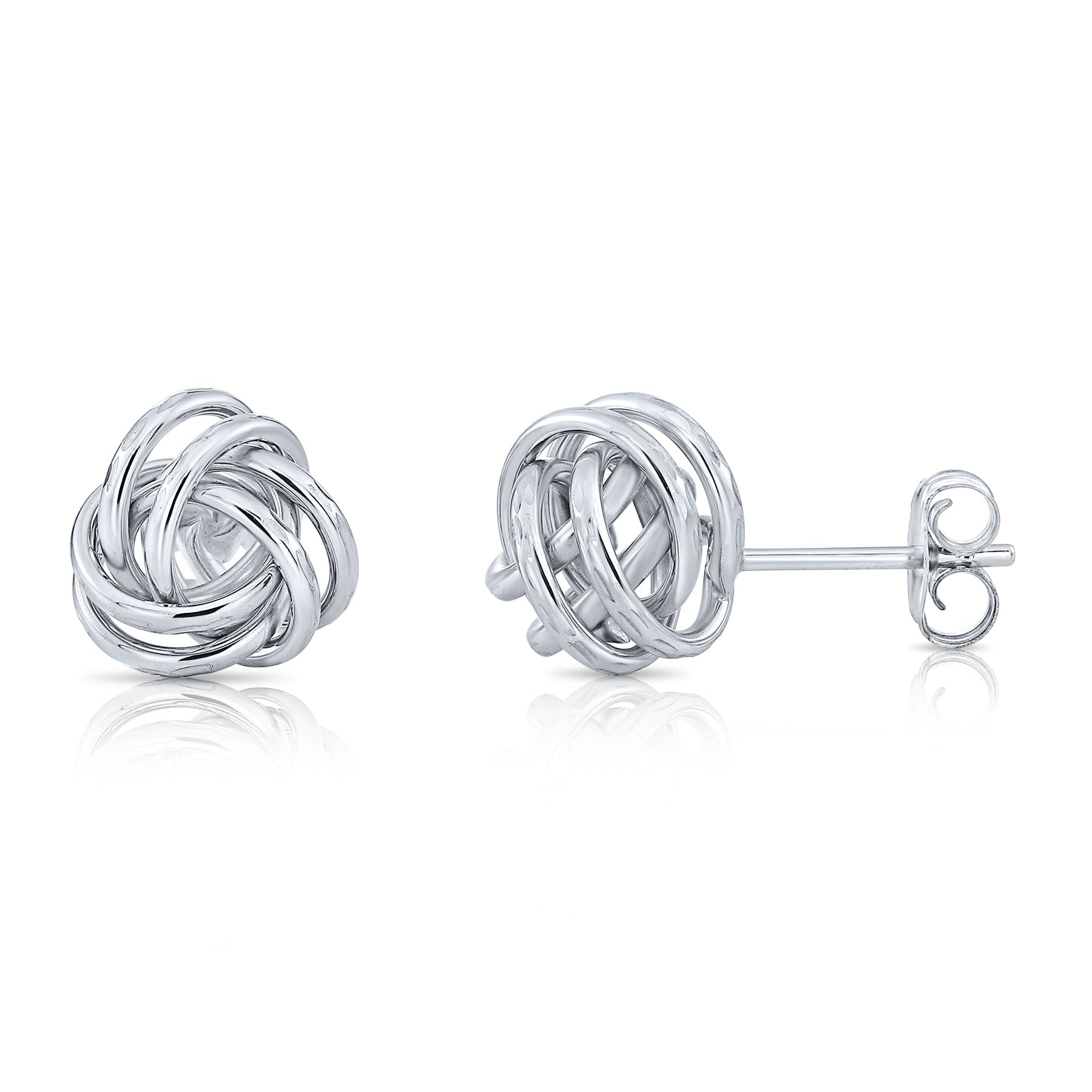 14k Gold Love Knot Stud Earrings with Hand Engraved Diamond Cuts, 9mm, Pushback Studs