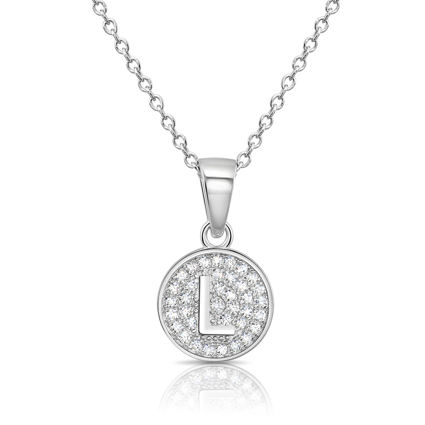 925 Sterling Silver CZ Initial Round Pendant Necklace (Letters A-Z) 16" 18"