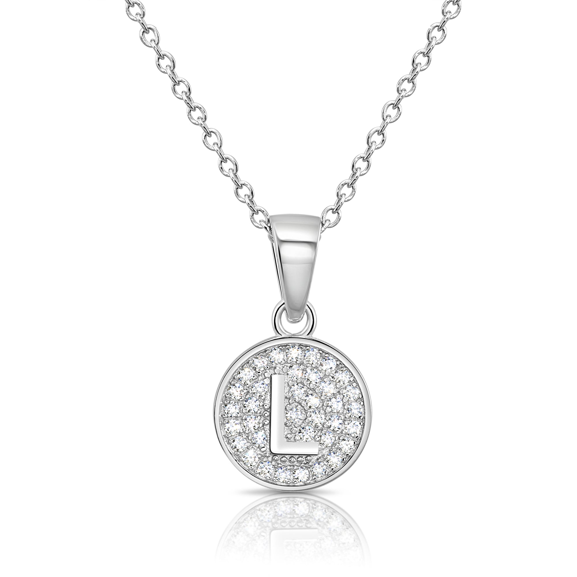 CZ Initial Round Charm Necklace (Letters A-Z) 16&quot; 18&quot; in Sterling Silver
