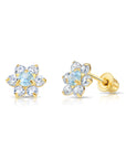 14K Yellow Gold Large Flower Halo CZ Birthstone Stud Earrings, Available in 12 Colors