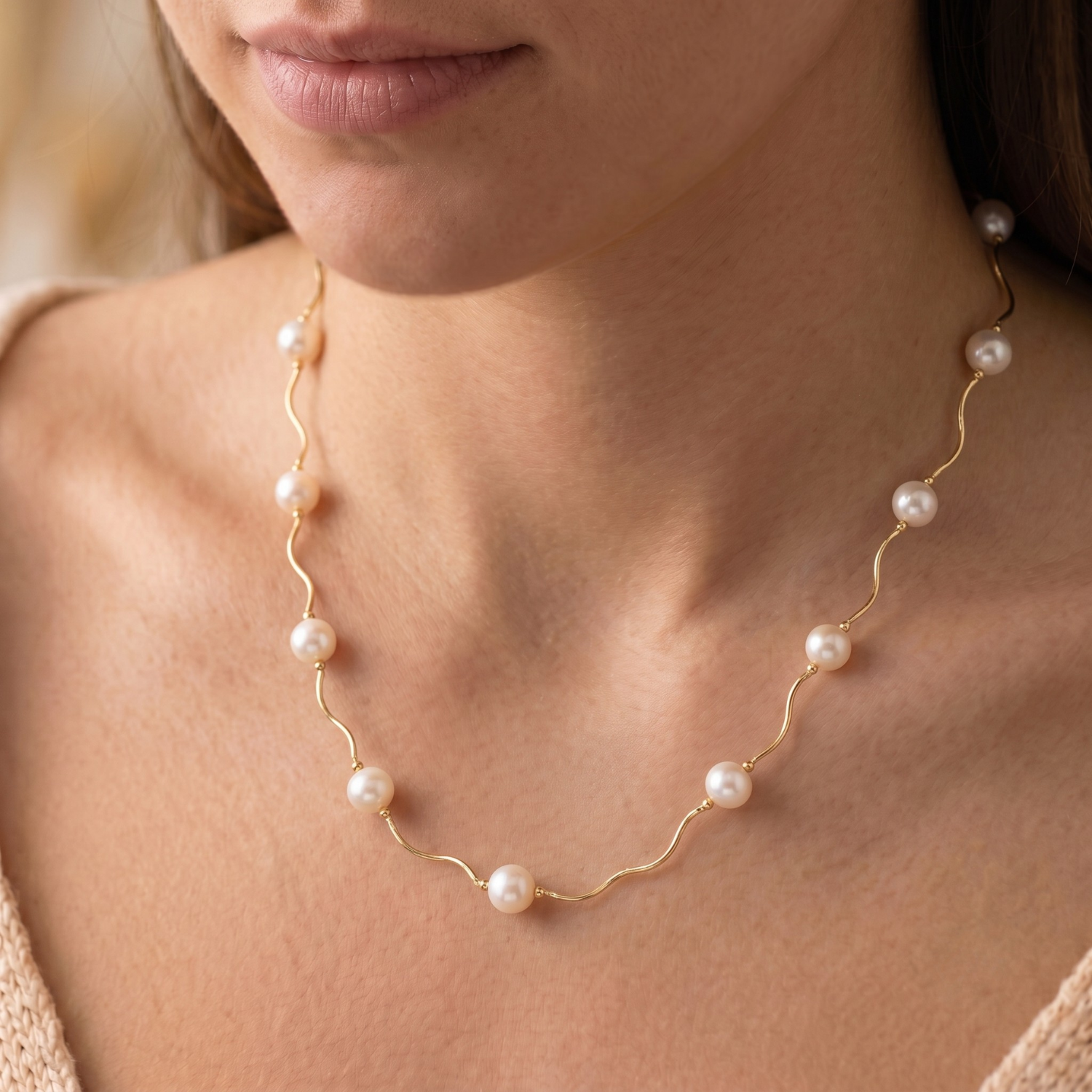 14K Yellow Gold Freshwater Pearl Station Necklace