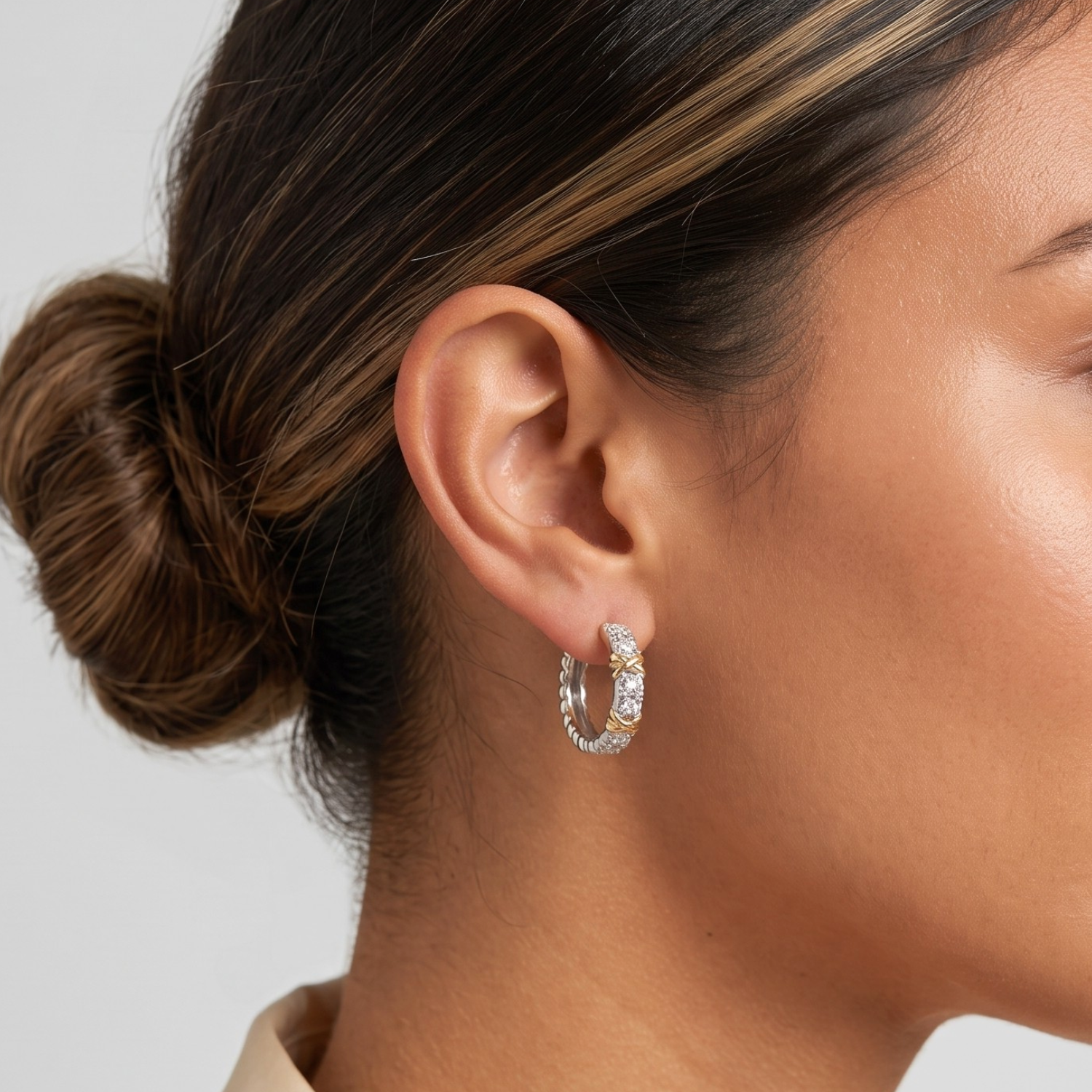 Sterling Silver Two-Tone CZ Huggie Earrings