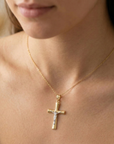 14K Two-Tone Gold Cross Jesus Crucifix Pendant, With 18" Cable Chain Necklace