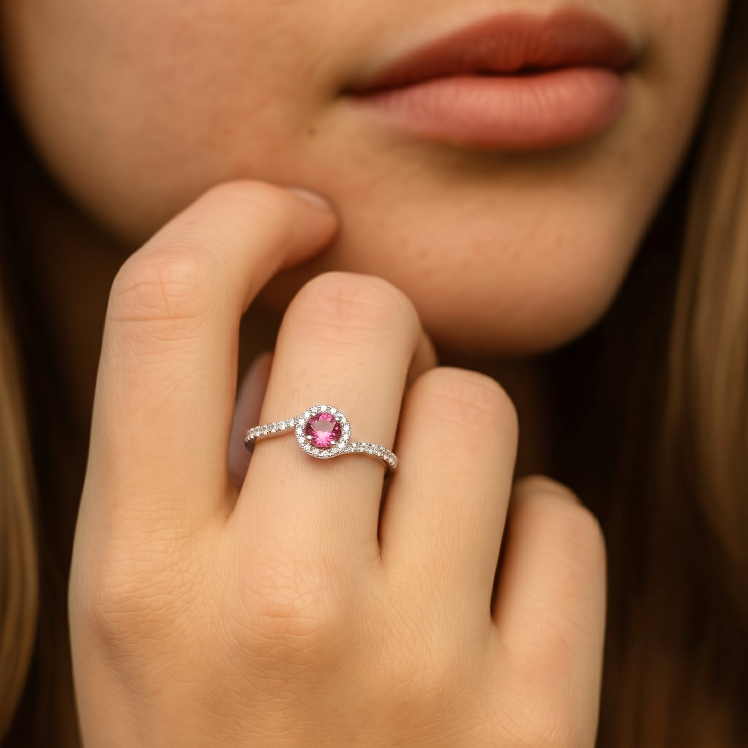 Sterling Silver Ruby CZ Halo Ring
