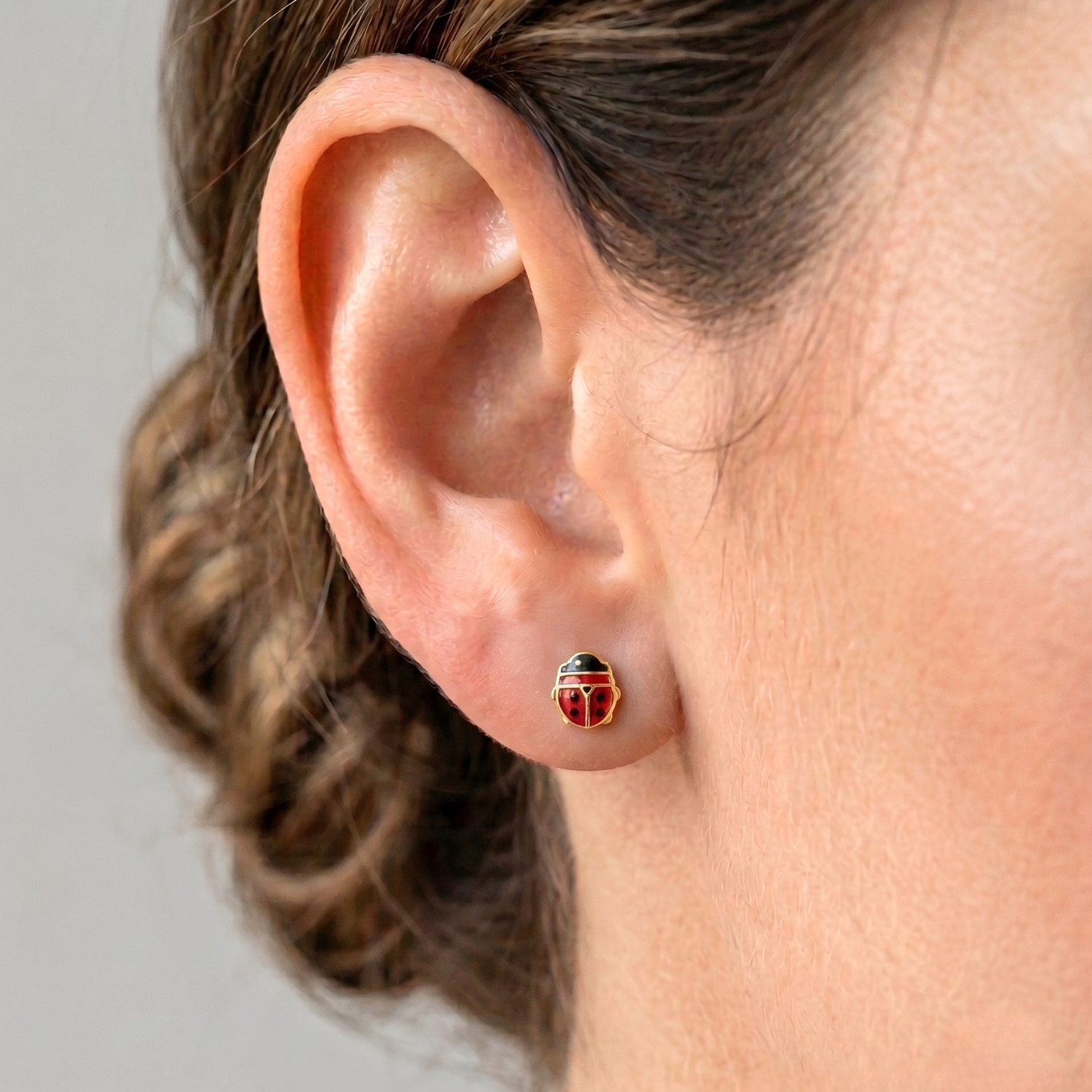 14K Yellow Gold Red Ladybug Studs, Pushback