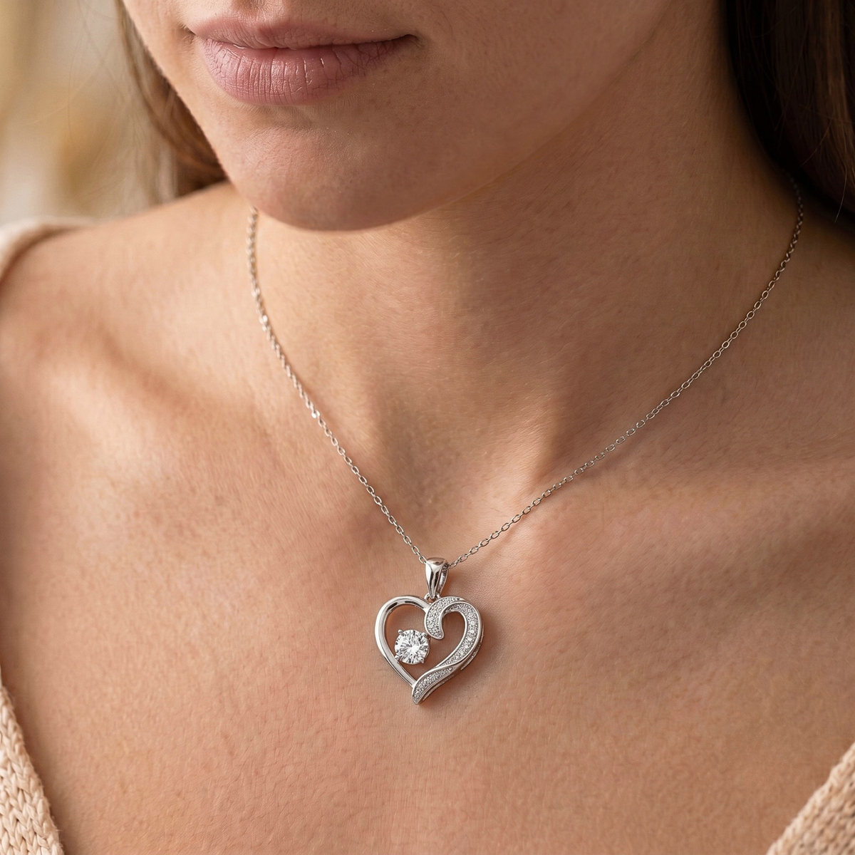 Sterling Silver Open Heart Solitaire CZ Pendant Necklace