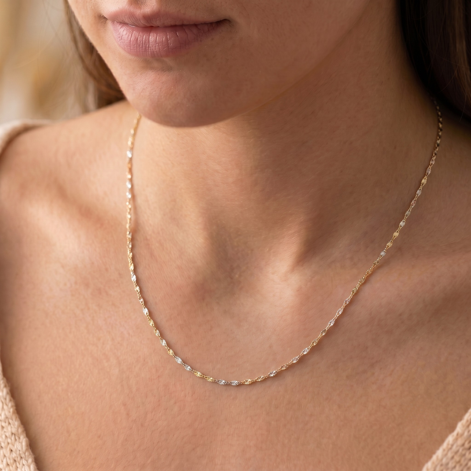 14K Gold Three-Tone Diamond-Cut Mirror Chain Necklace