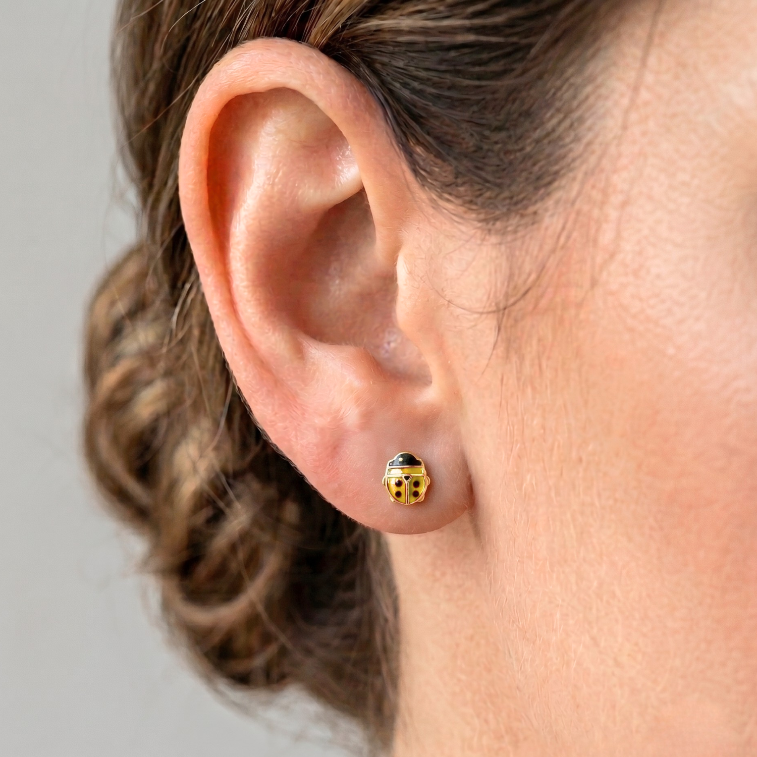 14K Gold Yellow Ladybug Studs, Pushback