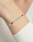 Sterling Silver Multicolor Rainbow CZ Bracelet, Adjustable Length
