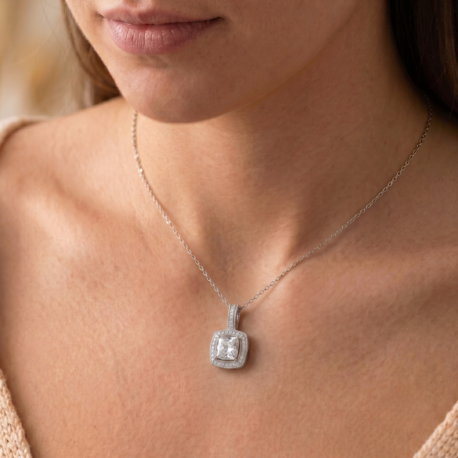 Sterling Silver Round Halo CZ Pendant Necklace