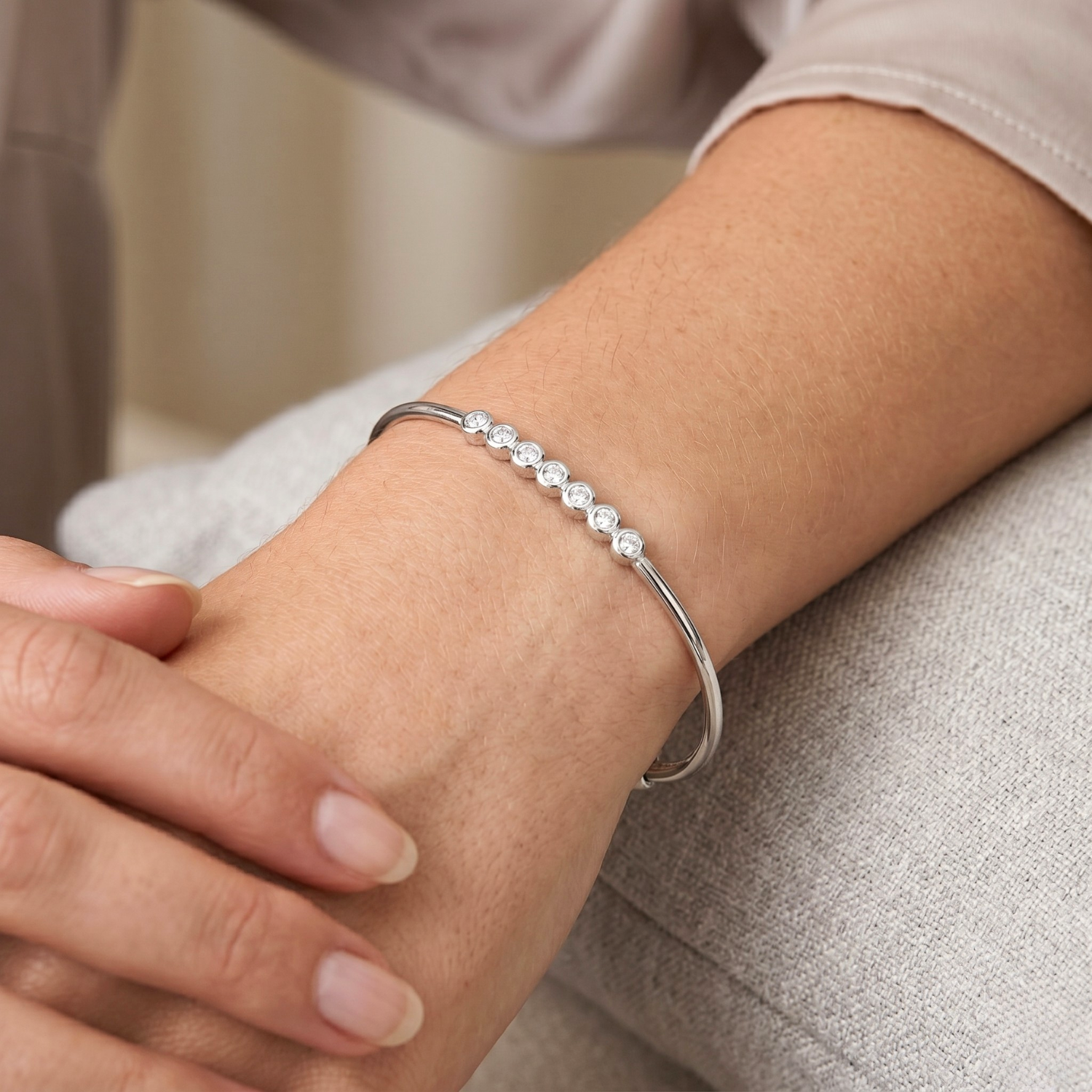 Sterling Silver Seven Row CZ Bezel Set Cuff Bracelet, Adjustable 7"-8"