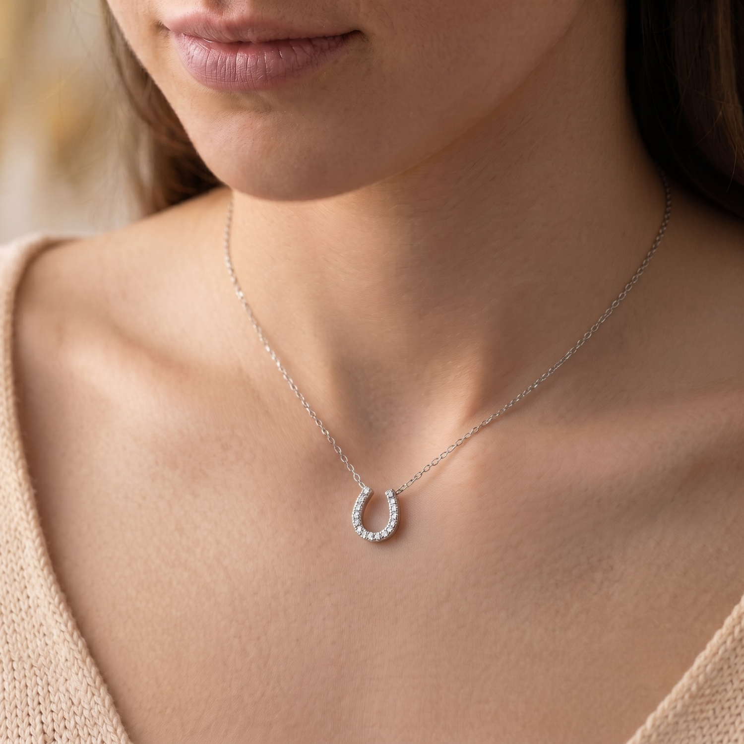 Sterling Silver Horseshoe CZ Pendant Charm Necklace