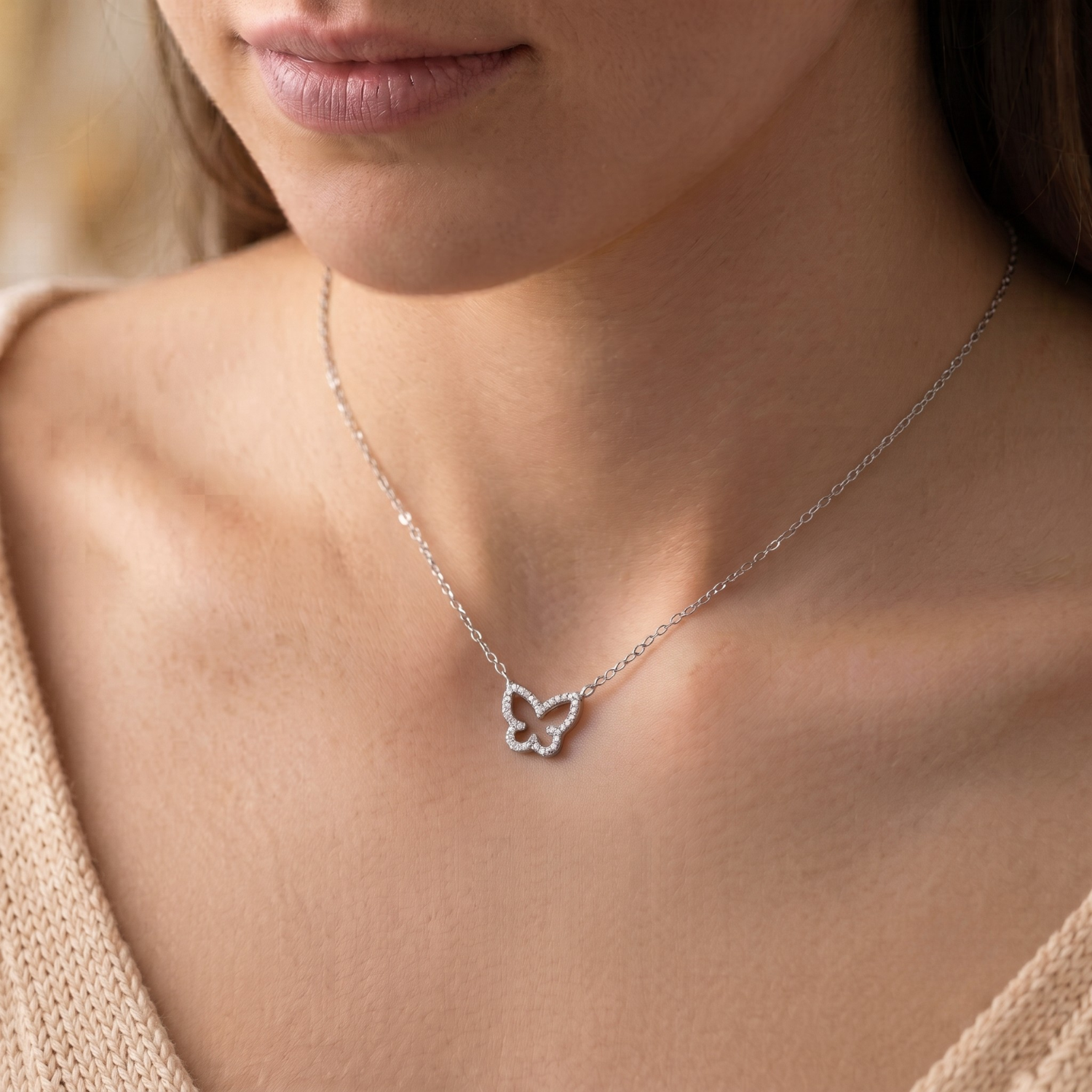 Sterling Silver CZ Butterfly Pendant Necklace