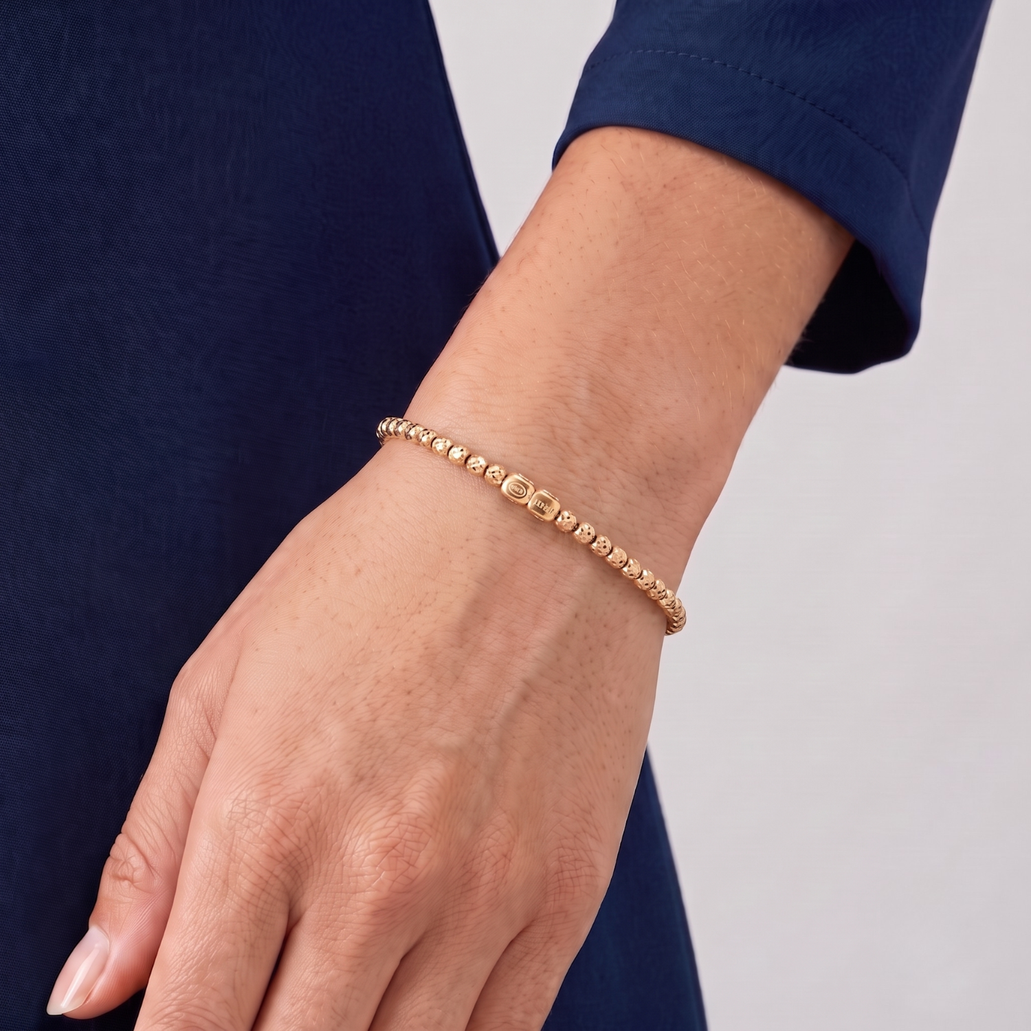 14K Rose Gold Plated Diamond-Cut "Tiger" Bead Stretch Bracelet, Solid Sterling Silver
