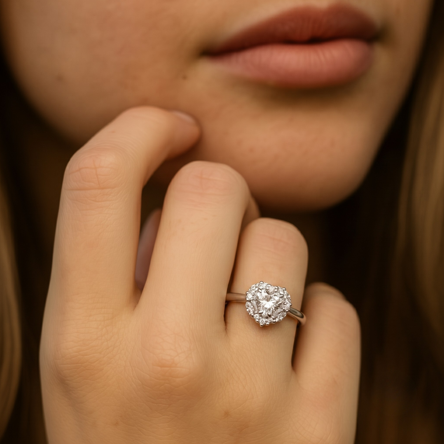 Sterling Silver Heart Shape Halo Engagement Ring