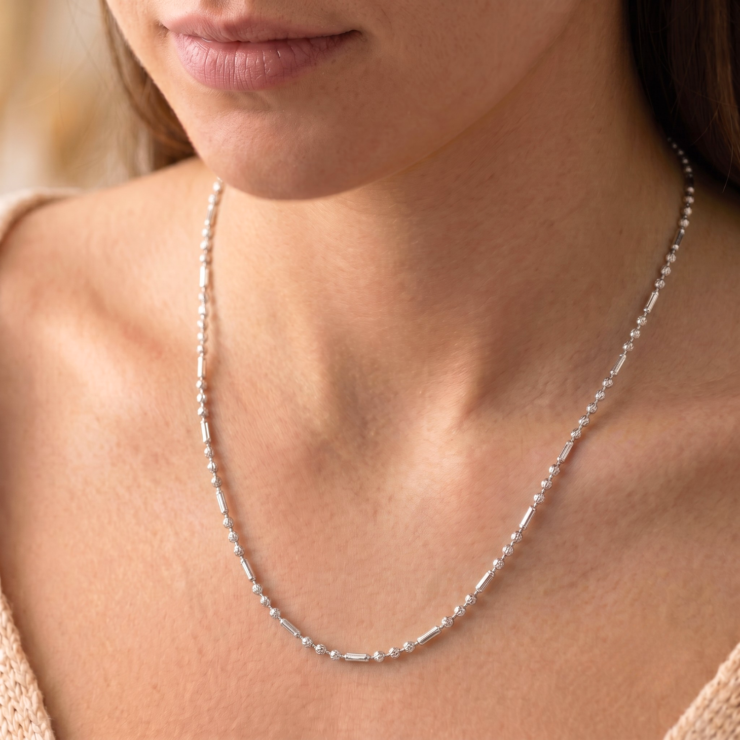 Sterling Silver Diamond-Cut Bead Necklace