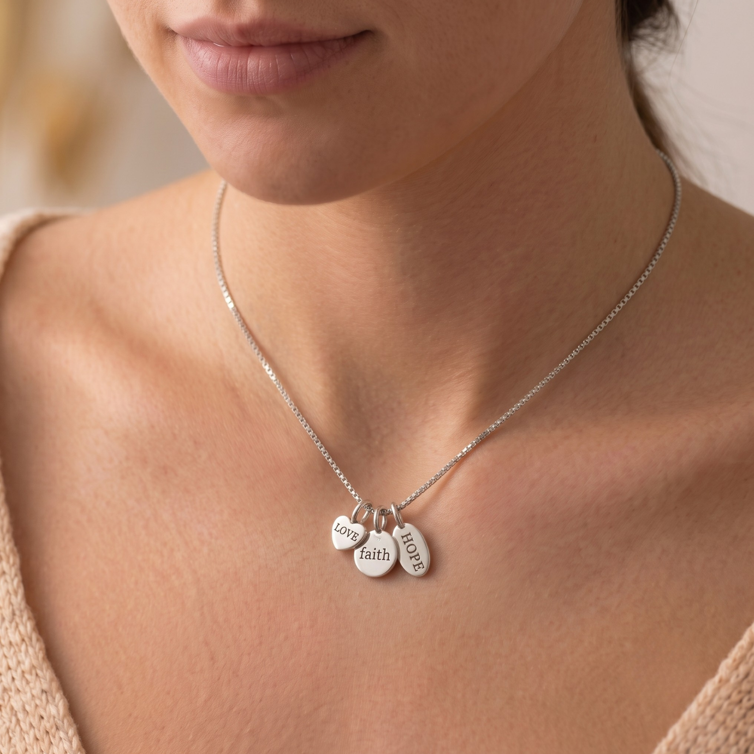 Sterling Silver Love, Faith, Hope Pendant Charm Necklace