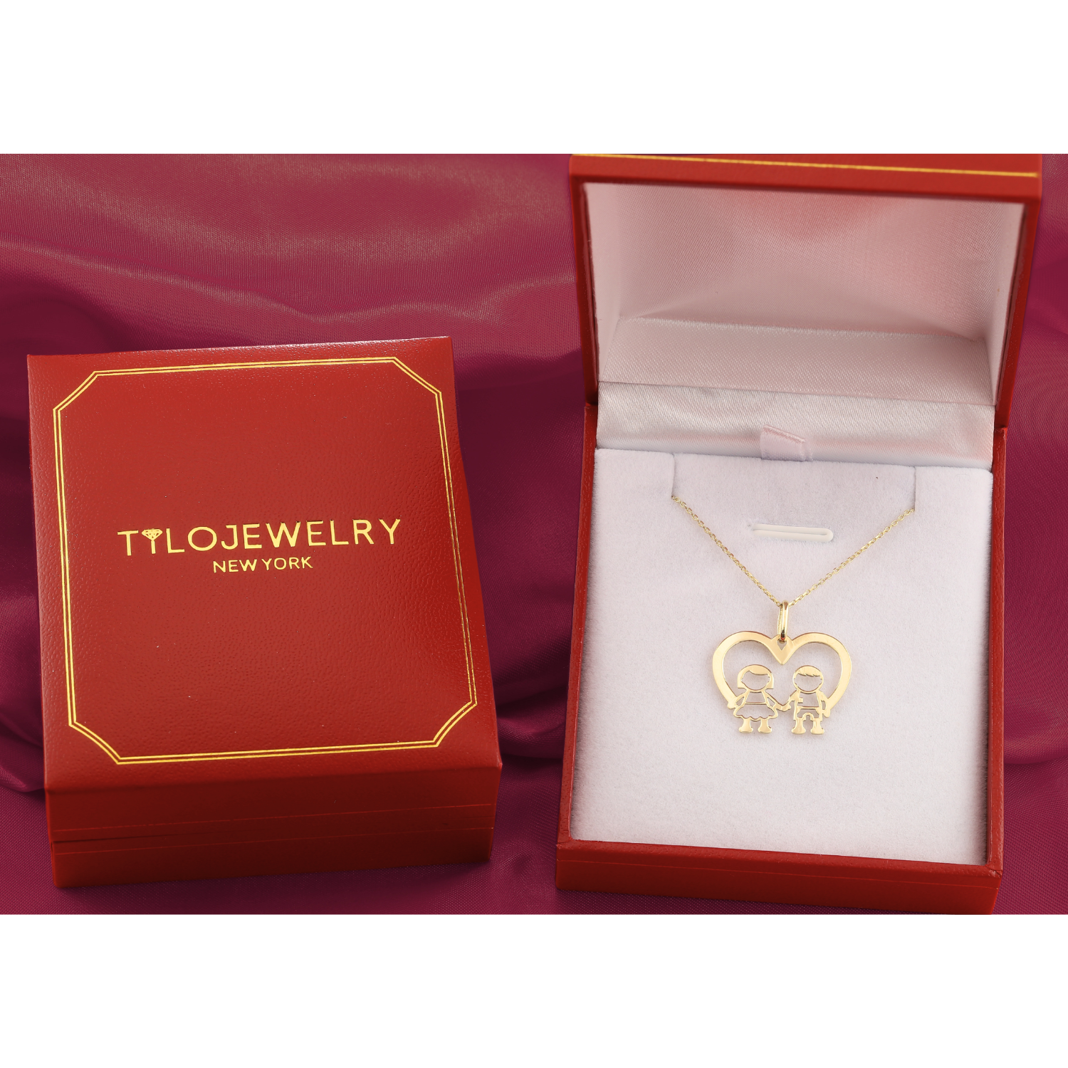 14K Yellow Gold Boy &amp; Girl Heart Pendant Necklace
