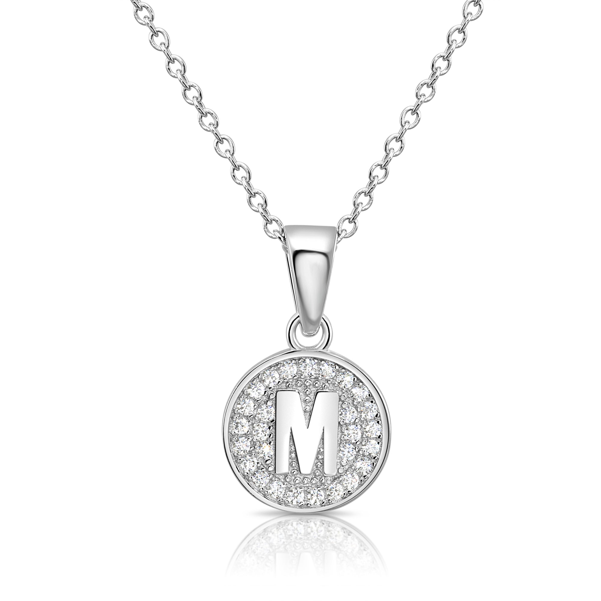 CZ Initial Round Charm Necklace (Letters A-Z) 16&quot; 18&quot; in Sterling Silver