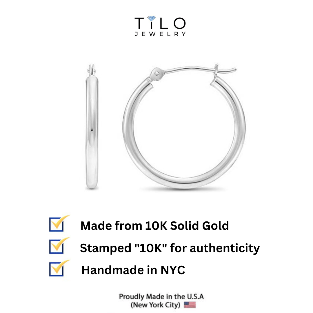 10K White Gold Classic Round Hoop Earrings, All Sizes Available