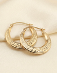 14K Yellow Gold Greek Key Curved Round Creole Hoops Earrings