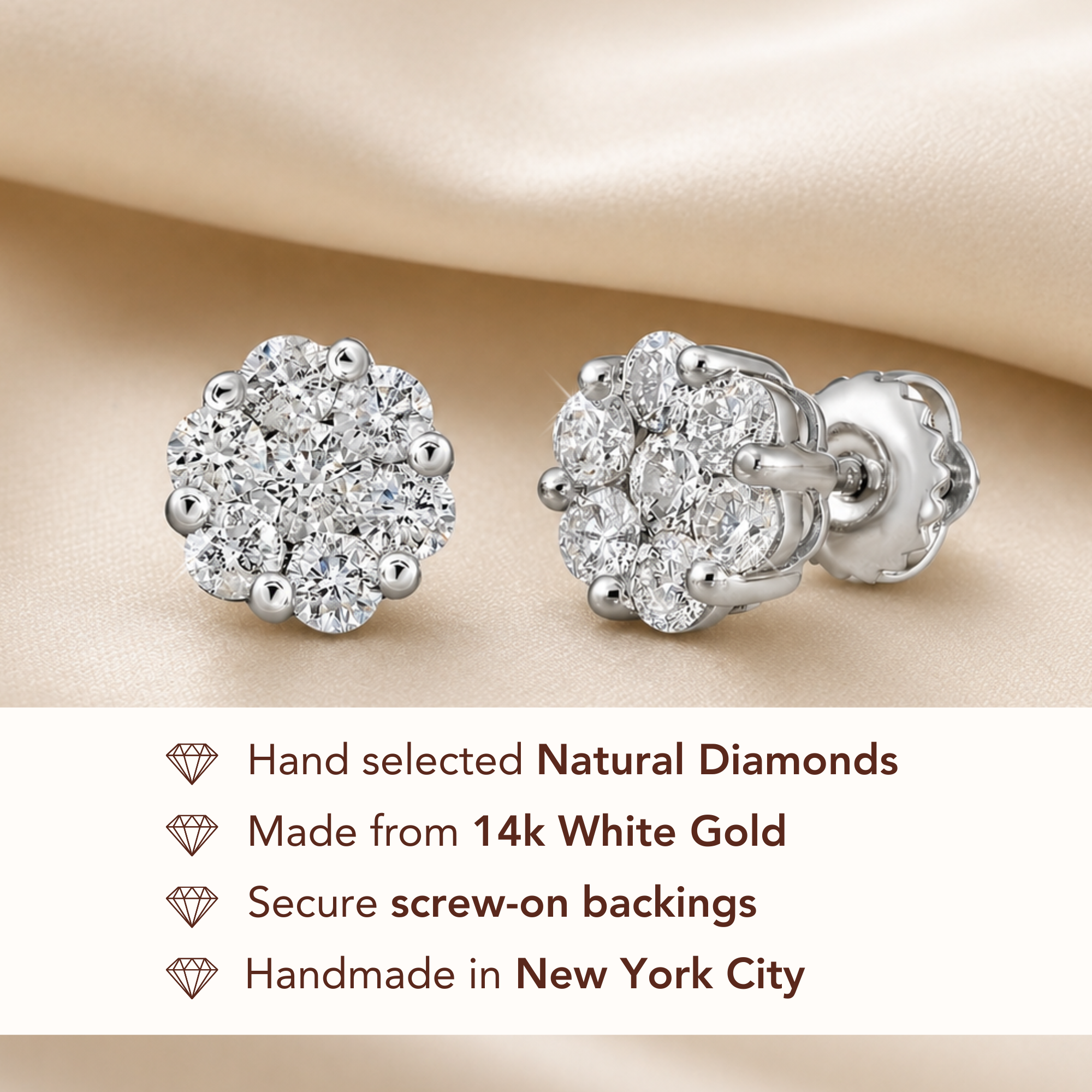 14K White Gold Natural Diamond Cluster Studs, Screwback