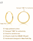 10K Yellow Gold Round Endless Hoop Earrings, 1mm
