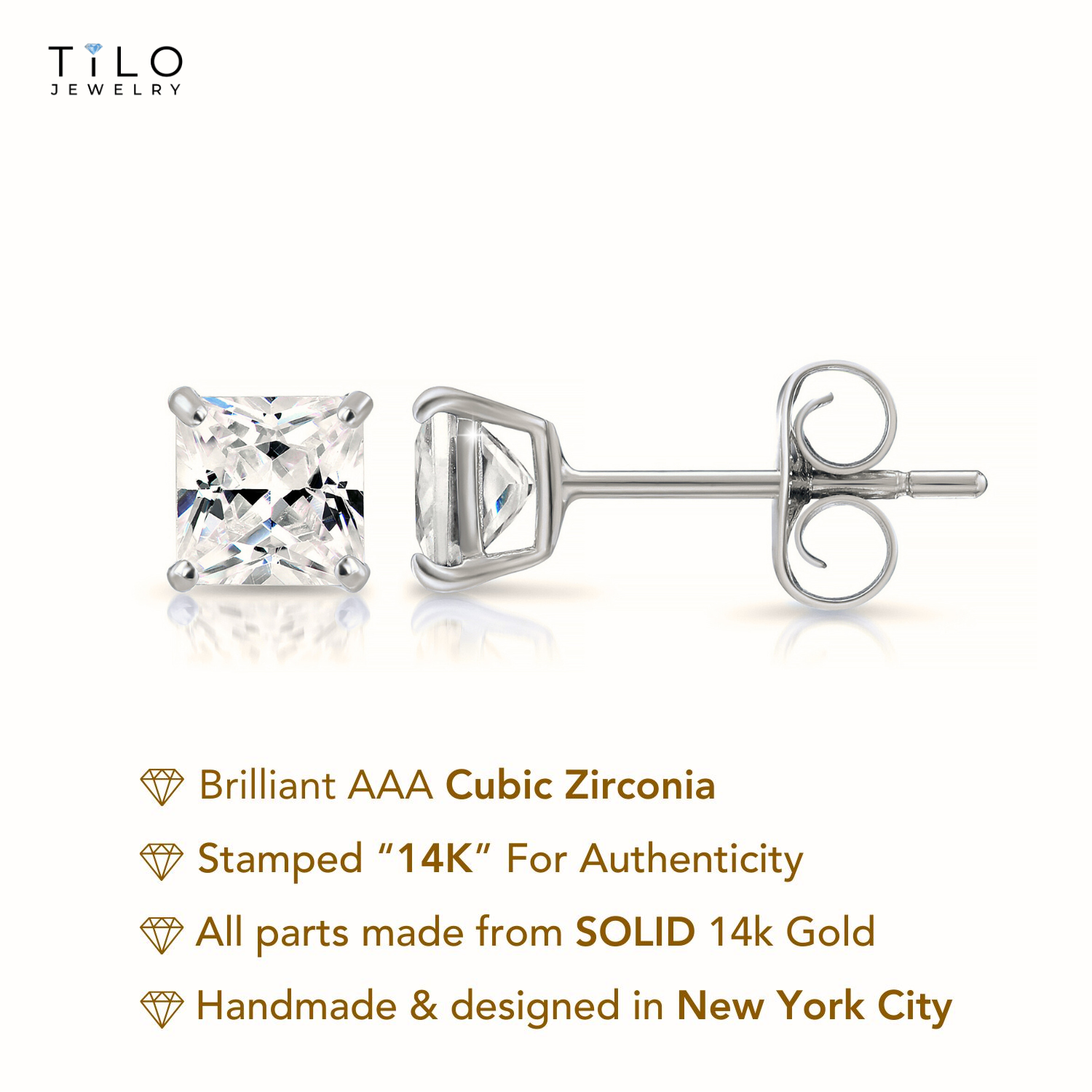14k White Gold Square Zirconia Stud Earrings, Pushbacks
