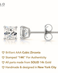 14k White Gold Square Zirconia Stud Earrings, Pushbacks
